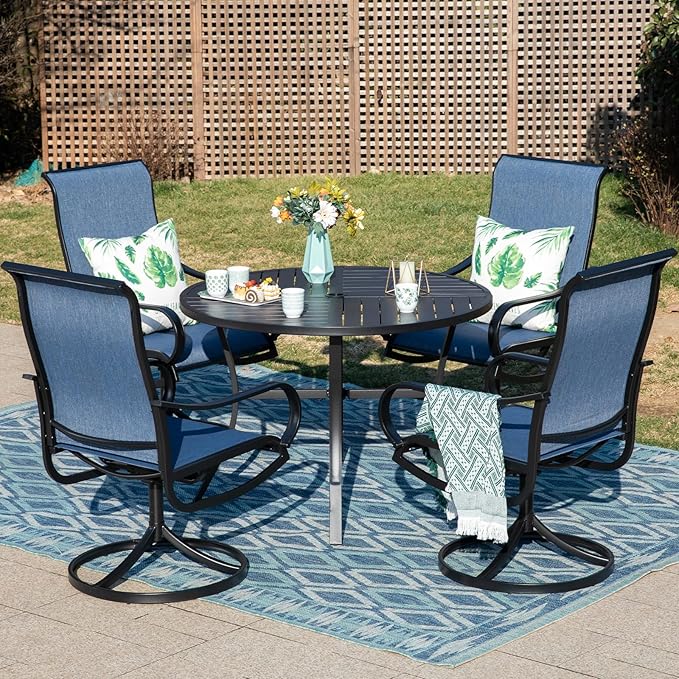MFSTUDIO Outdoor Dining Set for 4，Round Patio Table and Chairs Set with Umbrella Hole, 5 Piece Patio Furniture Set for Deck, Backyard, Poolside & Garden