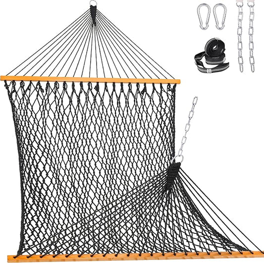 Lazy Daze Hammocks Double Rope Hammock, 2 Person Traditional Outdoor Hand Woven Cotton Rope Hammock with Spreader Bar, Chains, Tree Straps for Patio Yard - Max 450 Lbs, Dark Grey