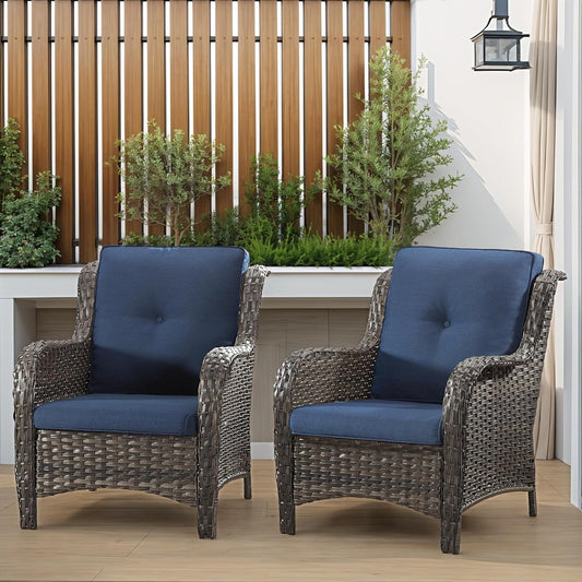 Patio Wicker Chairs Set of 2, Patio Rattan Dining Chairs with 3.5-inch Seat Cushions, High Back and Curved Armrest for Garden, Backyard, Balcony and Deck, Blue