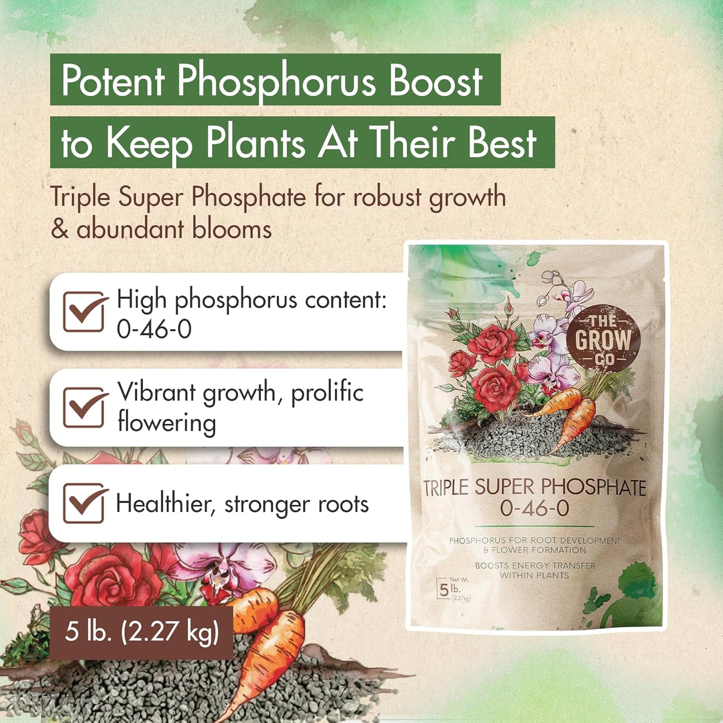 Triple Super Phosphate 0-46-0 Fertilizer, high Phosphorus Fertilizer Stronger Roots & Flower Formation, Ideal Super Phosphate for Plants - Flowers, Fruits, Vegetables & Turf, 5 lb