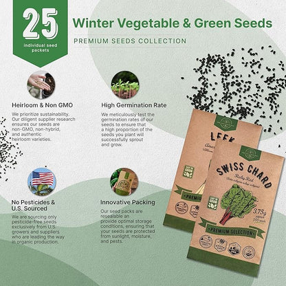 Organo Republic 25 Winter Vegetable & Green Seeds Variety Pack for Outdoors & Indoor Home Gardening 27670+ Non-GMO Heirloom Seeds: Broccoli Beet Carrot Collard Lettuce Radish Spinach Pea Kohlrabi