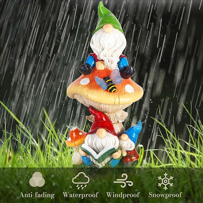 TERESA'S COLLECTIONS Garden Gnomes Statues Decorations for Yard with Solar Lights, Resin Gnome on Mushroom Reading Garden Decor Outdoor for Patio Lawn Ornaments,Ideal Gifts for Dad and Mom, 12.6"