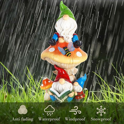 TERESA'S COLLECTIONS Garden Gnomes Statues Decorations for Yard with Solar Lights, Resin Gnome on Mushroom Reading Garden Decor Outdoor for Patio Lawn Ornaments,Ideal Gifts for Dad and Mom, 12.6"