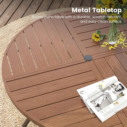 DIFY 40.6" Round Outdoor Patio Dining Table for 4, All-Weather Metal Steel Slatted Patio Table with 1.57" Adjustable Umbrella Hole, for Lawn Garden Porch Backyard, Walnut