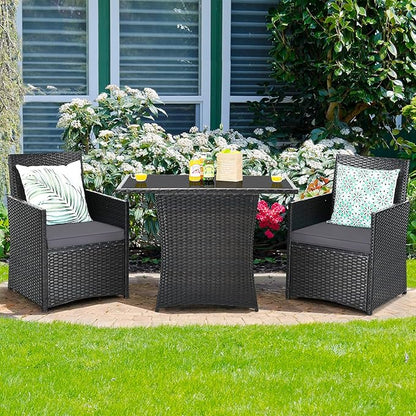 Tangkula 3 Pieces Patio Dining Set, Space-Saving PE Rattan Bistro Set with Tempered Glass Top Table and Cushioned Chairs, Outdoor Conversation Set for Garden Backyard Poolside Porch (Gray)