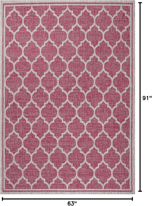 Eyely BMS109H-5 Santa Monica Trebol Moroccan Trellis Textured Weave Indoor/Outdoor Area Rug Coastal;Bohemian, Bedroom, Backyard, Patio, Easy-Cleaning, Non-Shedding, 5 X 8, Fuchsia/Light Gray