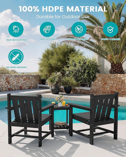 SEWRWALL Patio Furniture Set, HDPE Material All Weather Use Adirondack Chair Set with Side Table for Balcony, Porch, Garden, Backyard (Black)