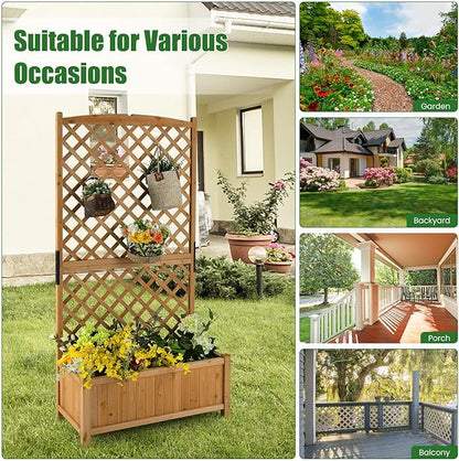 HAPPYGRILL Raised Garden Bed with Trellis, 71" Planter Raised Bed with Drainage Holes, Freestanding Garden Planter for Vine Climbing Plants, Wooden Planter Box for Yard Balcony(2, Yellow)