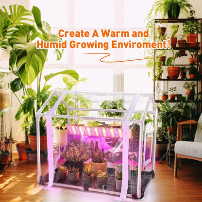 Meonum Mini Greenhouse with Grow Light for Indoor, Tabletop Small Greenhouse Kit with Bottom Mat for Waterproof, 15W Plant Dimmable LED Grow Lights and Timer, 3 Light Color Mode for Seed Starter Tray