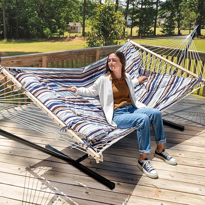 ANOW Outdoor Double Hammock with Stand, Portable Hammock with Detachable Pillow and Pad for Garden Yard Outside, 450 LBS Weight Capacity, Blue Seaside