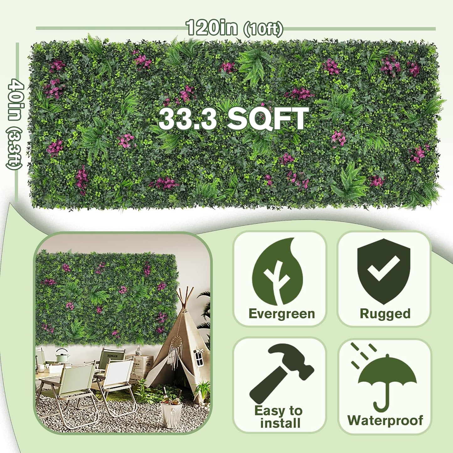 Greenery Grass Wall Boxwood Plant Roll: 40"x120"(33.5 SQFT) with UV Resistant Green Leaves Faux for Interior Wall, Greenery Backdrop,Garden and Indoor Outdoor Plant Panel Covering Privacy