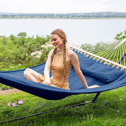 SUNCREAT 2 Person Free Standing Hammock with 15 ft Stand, 475 lbs Capacity, Backyard Hammock with Stand, Navy