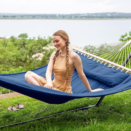 SUNCREAT 2 Person Free Standing Hammock with 15 ft Stand, 475 lbs Capacity, Backyard Hammock with Stand, Navy
