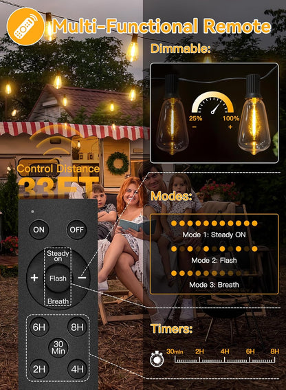 Ollny 25+2 LEDs ST38 Solar String Lights for Outside, 50 FT USB & Solar Dual Charging Outdoor String Lights, 3 Modes 5 Timers 10 Brightness 2200K Waterproof Patio Light for Porch Garden Camping