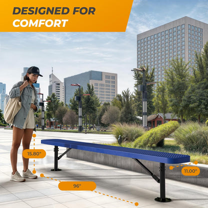 Heavy-Duty Outdoor Metal Bench, Thermoplastic-Coated, Surface, Weatherproof, Commercial-Grade for Parks, Gardens, Patios, Stores & More (8 Ft - Surface, Blue)