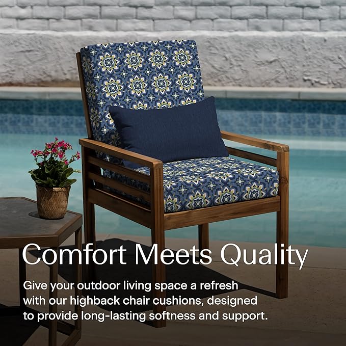 Honeycomb Outdoor Highback, 21 x 42, Medina Medallion Blue Chair Cushion for Patio Furniture