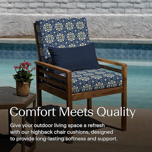Honeycomb Outdoor Highback, 21 x 42, Medina Medallion Blue Chair Cushion for Patio Furniture