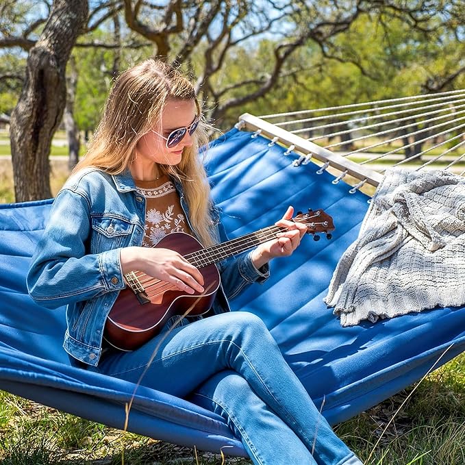 SUNCREAT Double Outdoor Hammock with Hardwood Spreader Bar, Extra Large Pillow, 475 lbs Capacity, Heavy Duty 2 Person Hammock, Blue