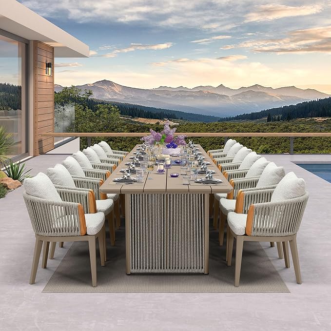 PURPLE LEAF 15 Pieces Outdoor Dining Set for 14, Aluminum Outdoor Patio Table and Chairs Set with Olefin Cushions, All-Weather Patio Dining Set for Garden or Deck, Beige