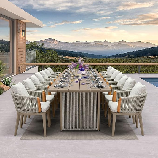 PURPLE LEAF 15 Pieces Outdoor Dining Set for 14, Aluminum Outdoor Patio Table and Chairs Set with Olefin Cushions, All-Weather Patio Dining Set for Garden or Deck, Beige