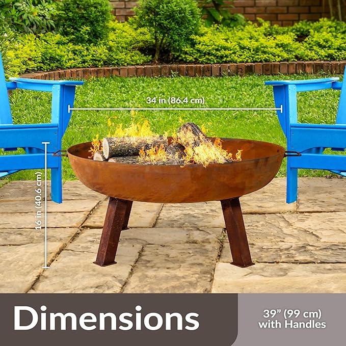 Sunnydaze 34-Inch Cast Iron Heavy-Duty Fire Pit for Outside - Wood-Burning Outdoor Fire Pit Bowl with Handles - Oxidized Finish