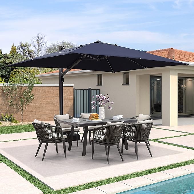 PURPLE LEAF 9' X 12' Rectangle Patio Umbrella with Base Large Cantilever Outdoor Umbrella Offset Umbrella with 360-degree Rotation Garden for Deck Backyard Pool Navy