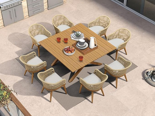 PURPLE LEAF 9 Pieces Patio Dining Set with Outdoor Aluminium Square Dining Table and Woven Chairs Modern Metal Furniture Cushions Sets for Garden Yard Indoor Decor Kitchen Teak