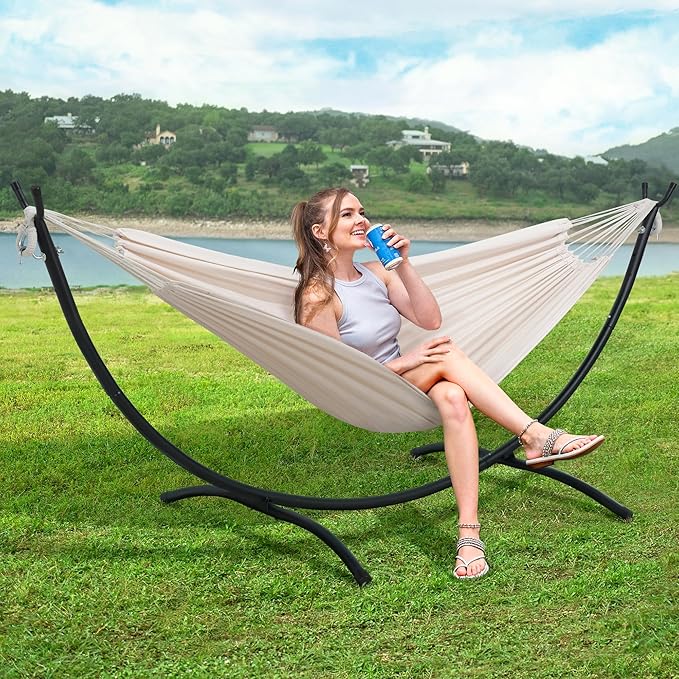 SUNCREAT Portable Outdoor Hammock with Stand Included, Double Hammock with Stand for Outside, Beige