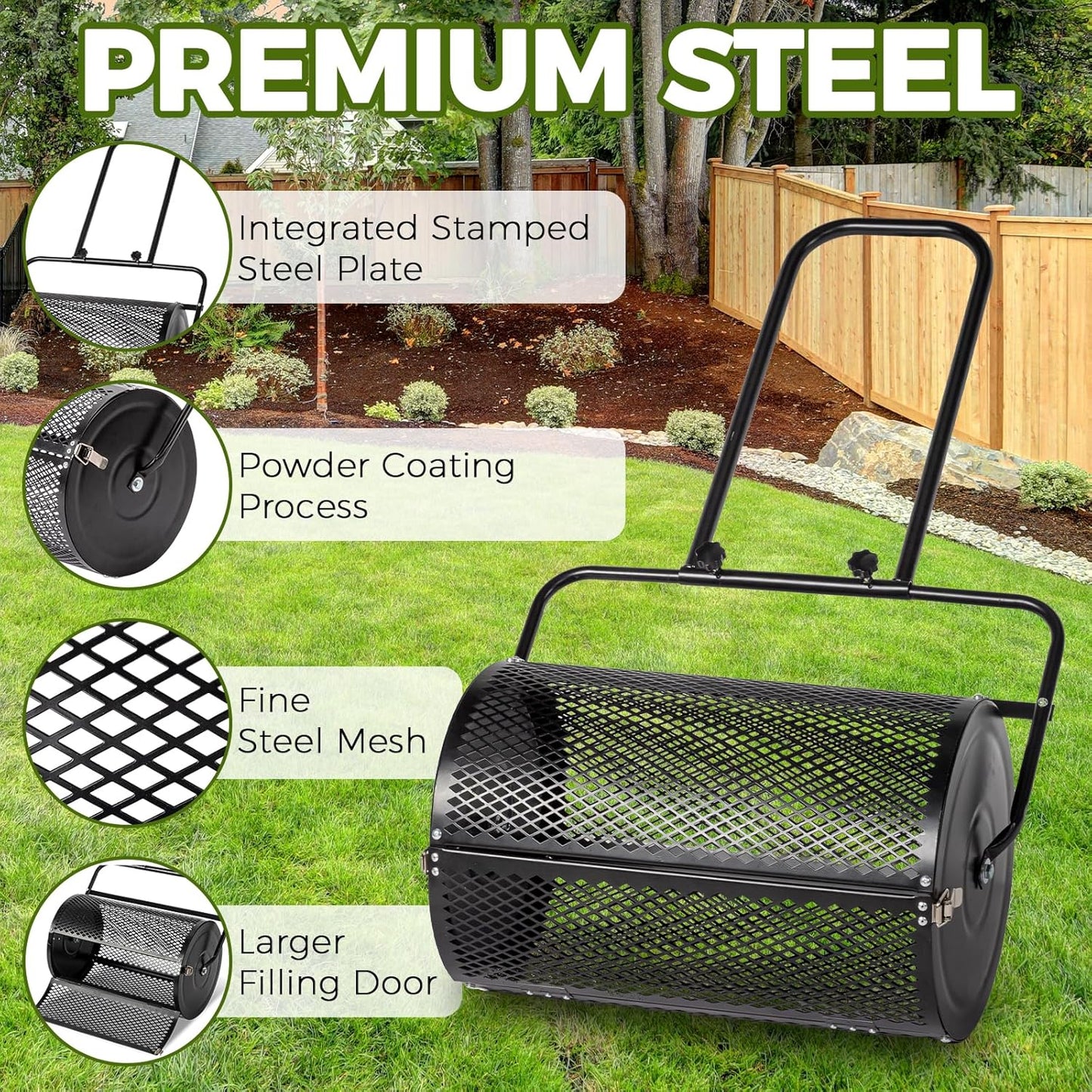 Outvita Compost Spreader and Peat Moss Spreader, 24" Push/Tow-Behind Roller Lawn Spreader with Steel Mesh Basket Garden Spreader for Spreading Manure Mulch Topsoil