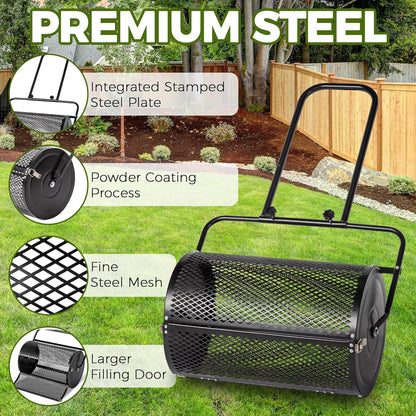 Outvita Compost Spreader and Peat Moss Spreader, 24" Push/Tow-Behind Roller Lawn Spreader with Steel Mesh Basket Garden Spreader for Spreading Manure Mulch Topsoil