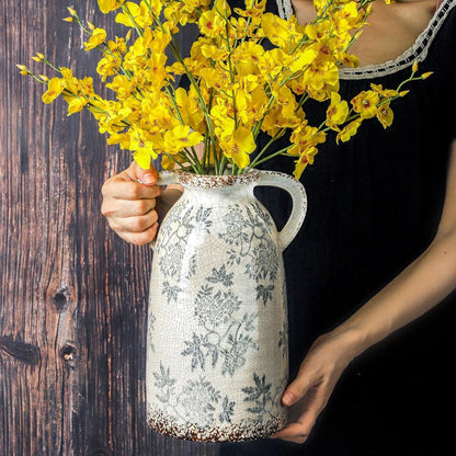 Enra Tall Vintage Blue and White Ceramic Vase with Handle, 11.2 Inch Chinoiserie Decorative Floral Vase, Large Rustic Ceramic Vase for Living Room, Office, Bookshelf, Home Decor