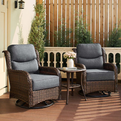 HILLGA Luxury Patio Furniture Set with 6-Inch Thick Cushions, High Back Outdoor Swivel Rocker Chairs and Table, 3-Piece All Weather Conversation Set for Porch Deck Balcony Yard, Dark Grey (V3)