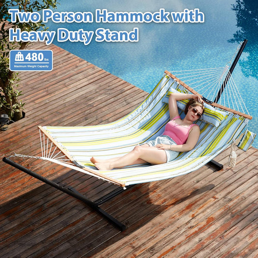 Two Person Hammock with Stand Heavy Duty, Outdoor Patio Hammock with Portable Steel Stand, Large Double Hammocks,480lbs Capacity. (Light Blue Stripes)