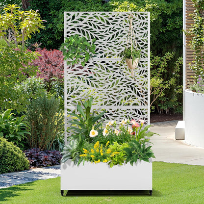 FENCY Metal Raised Garden Bed with Wheels and Trellis,73"x35"x16" Planter Box for Climbing Plants, Vegetables & Vines, Features Privacy Screen and Drainage Holes (White-Leaf)