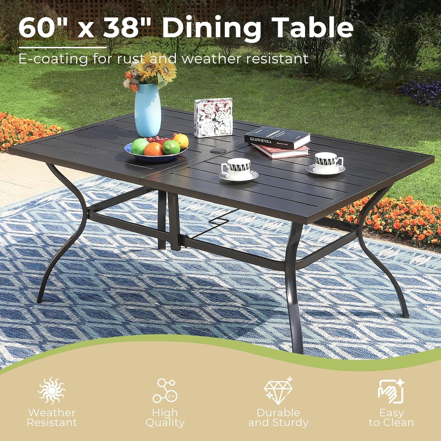 Outdoor Patio Dining Table for 6, 60" x 37" Rectangular Metal Patio Dining Table with Umbrella Hole for Garden, Backyard and Porch, Black