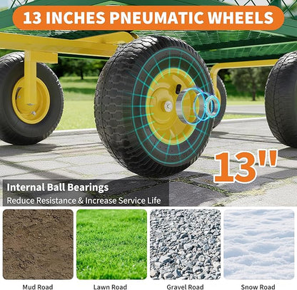 3-in-1 Heavy-Duty Steel Garden Cart, 1400 Lbs Garden Wagon, with 13 Inch All-Terrain Tires and Removable Mesh Side Panels, 180° Rotating Handle, Metal Multi-Function Carts, Outdoor Gardens Wagon Cart