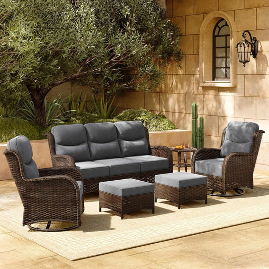 HILLGA Luxury Patio Furniture Set with 6-inch Thick Cushion, Outdoor Couch and High Back Swivel Rocker Patio Chairs, 6PCS Wicker Conversation Set for Deck Yard and Poolside, Dark Grey (V2)