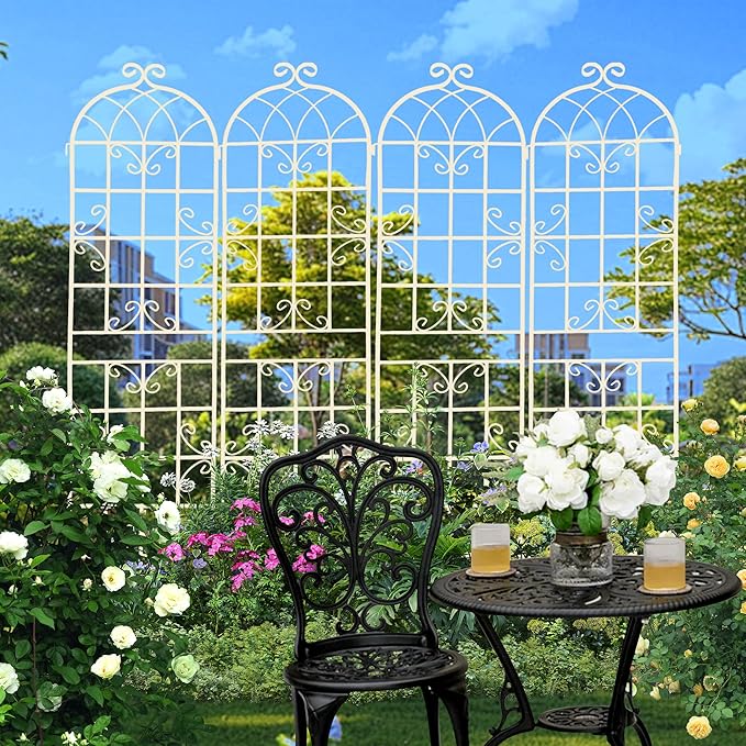 4 Pack Metal Garden Trellis 71" Fence Rustproof Garden Trellis for Climbing Plants Support Roses Flower Outdoor Lawn, Cream White