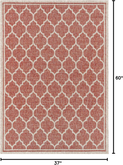 Eyely BMS109C-3 Santa Monica Trebol Moroccan Trellis Textured Weave Indoor/Outdoor Area Rug Coastal;Bohemian, Bedroom, Backyard, Patio, Easy-Cleaning, Non-Shedding, 3 X 5, Red/Beige