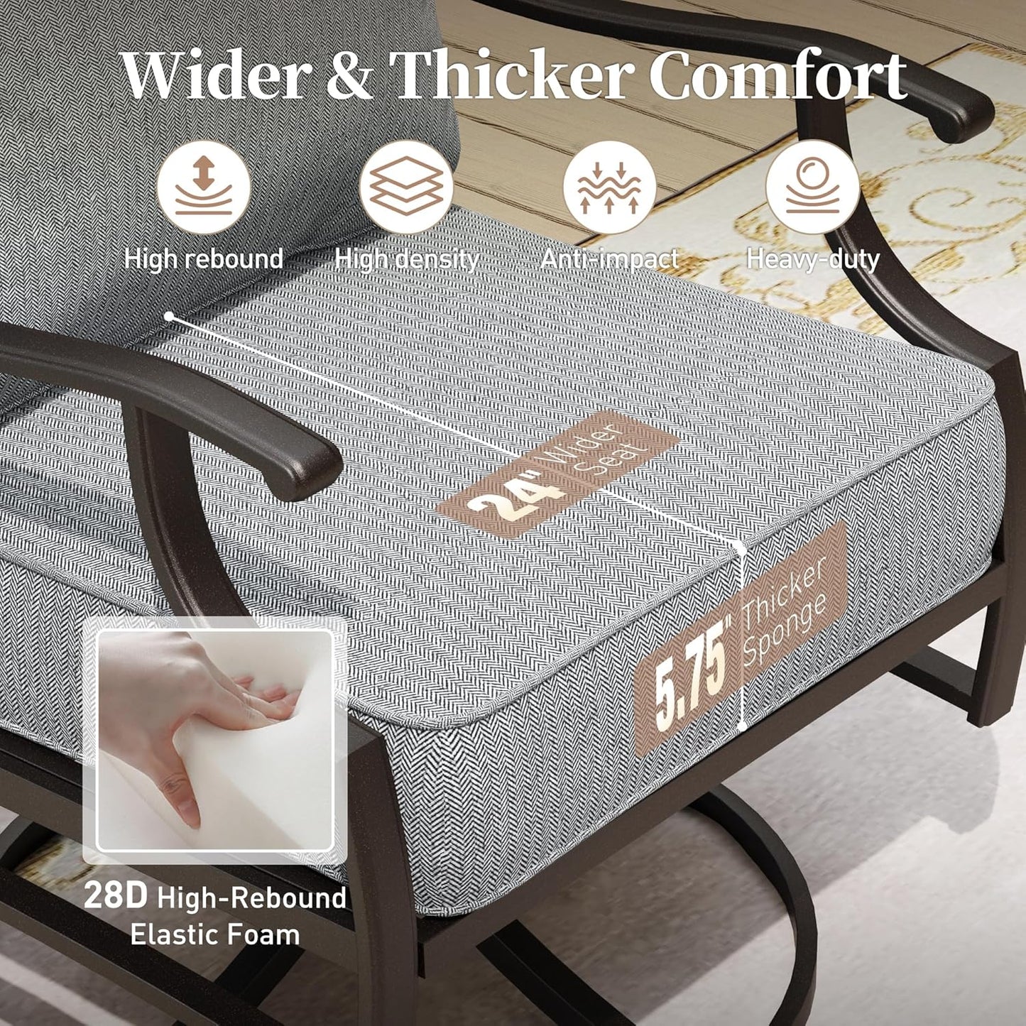 Metal Outdoor Rocker Patio Chairs Set of 2 with 5.75" Extra Thick Cushion, 2 Piece High Back Rocker Patio Chairs All Weather Outdoor Furniture Seating for Deck Balcony Porch, Gray