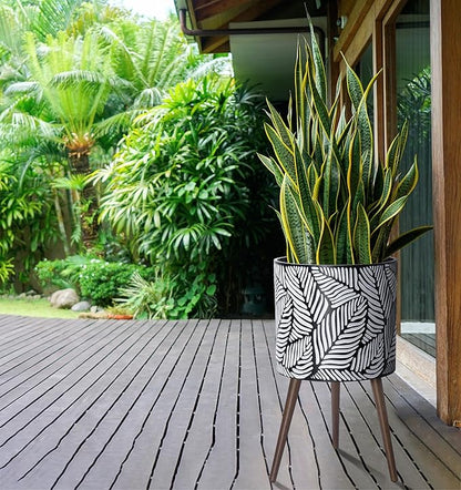 D'vine Dev 16 Inch Planter Pot with Stand, Mid-Century Tall Plant Pot with Legs for Indoor Plants, XX-Large, White/Grey, 88-L-E-7