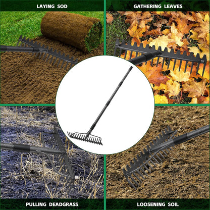 49'' Bow Rake ，17 Tines Metal Head Rakes with Stainless Steel Handle，Heavy Duty Garden Rake for Loosening Soil Gathering Leaf Leveling Lawn Farming Land Management Yarn Thatch Rake