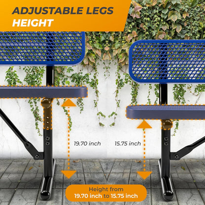 Heavy-Duty Outdoor Metal Bench, Thermoplastic-Coated, Portable, Weatherproof, Commercial-Grade for Parks, Gardens, Patios, Stores & More (4 Ft - Portable with Back, Blue)