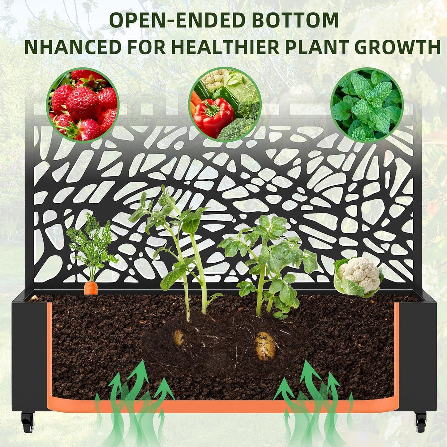 Casaphoria Metal Raised Garden Bed with Trellis and Wheels, 72"x47"x16" Planter Box for Climbing Plants, Vegetables & Vines, Features Drainage Holes and Privacy Screen, Black(Parallel&Louvered)