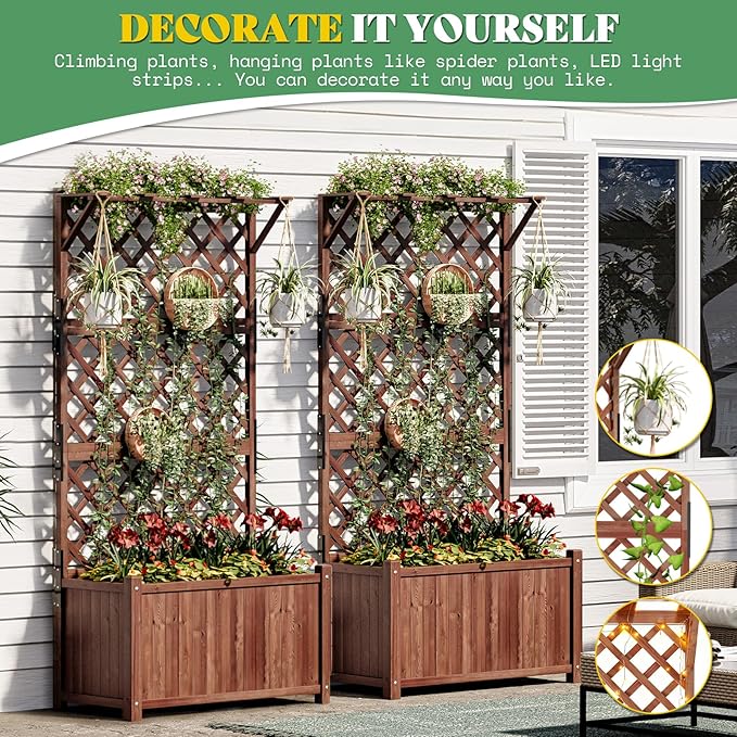 AMERLIFE 2 Pack Raised Garden Bed with Trellis for Vegetables, Climbing Plants, Durable Natural Wood Planter Box with Drainage Holes, Privacy Planter for Outdoor Yard & Patio, Easy Assembly