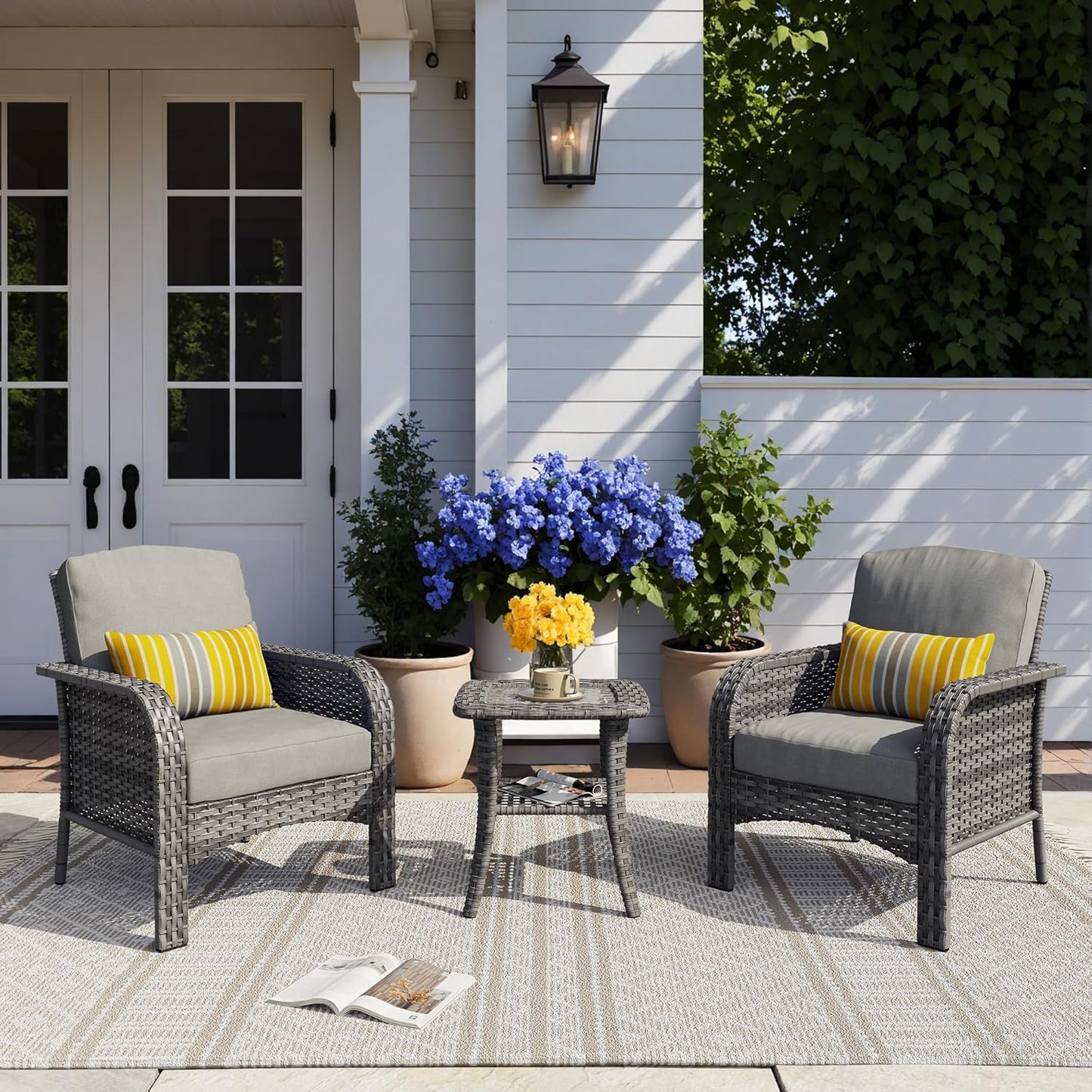 HOOOWOOO Patio Furniture Set,3 Pieces Outdoor Conversation Set,All Weather Wicker Bistro Set Yard Porch High Back Chairs Side Table,Dark Gray