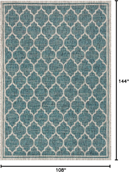Eyely BMS109E-9 Santa Monica Trebol Moroccan Trellis Textured Weave Indoor/Outdoor Area Rug Coastal;Bohemian, Bedroom, Backyard, Patio, Easy-Cleaning, Non-Shedding, 9 X 12, Teal/Gray