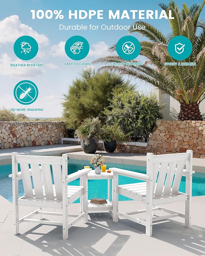 SEWRWALL Patio Furniture Set, HDPE Material All Weather Use Adirondack Chair Set with Side Table for Balcony, Porch, Garden, Backyard- White