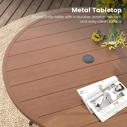 DIFY 50" Round Outdoor Patio Dining Table for 6, Metal Patio Table with 1.57" Adjustable Umbrella Hole, All-Weather Dining Furniture Table for Backyard Lawn Garden, Walnut