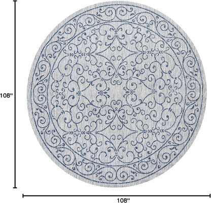 JONATHAN Y SMB106C-9R Charleston Vintage Filigree Textured Weave Gray/Navy 9' Round Indoor/Outdoor Area Rug, Pet Friendly, Non-Shedding, Stain Resistant, Easy-Cleaning for Backyard, Patio, Porch